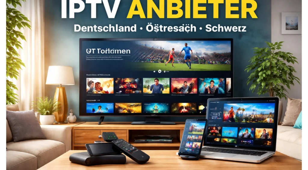 Wohnzimmer mit Smart-TV, Laptop, Tablet und Smartphone, die ein IPTV-Streaming-Angebot eines IPTV Anbieters für Deutschland, Österreich und die Schweiz zeigen.